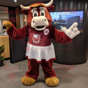 Maroon Guernsey Cow mascot costume character dressed with a Circle Skirt and Mittens