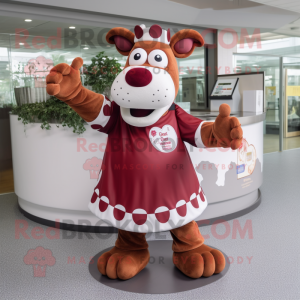 Maroon Guernsey Cow mascot costume character dressed with a Circle Skirt and Mittens