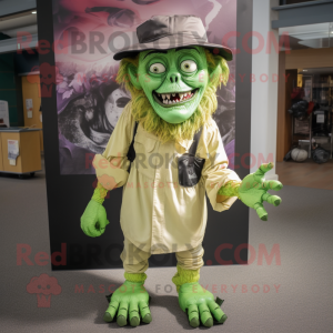 Lime Green Frankenstein'S Monster mascot costume character dressed with a Blouse and Hats