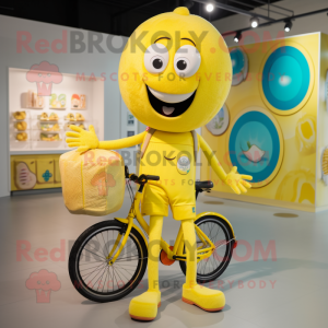 Lemon Yellow Unicyclist mascot costume character dressed with a Shorts and Tote bags