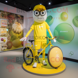 Lemon Yellow Unicyclist mascot costume character dressed with a Shorts and Tote bags