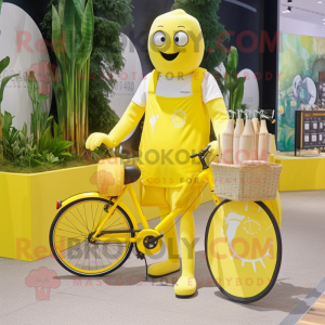 Lemon Yellow Unicyclist mascot costume character dressed with a Shorts and Tote bags