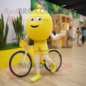 Lemon Yellow Unicyclist mascot costume character dressed with a Shorts and Tote bags