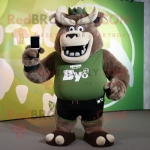 Olive Bison mascot costume character dressed with a Tank Top and Smartwatches