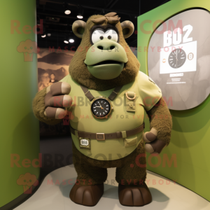 Olive Bison mascot costume character dressed with a Tank Top and Smartwatches