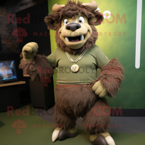 Olive Bison mascot costume character dressed with a Tank Top and Smartwatches