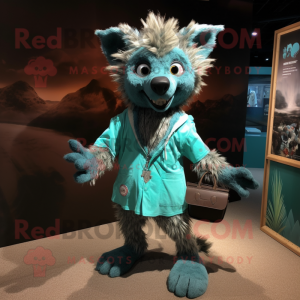 Turquoise Hyena mascot costume character dressed with a Henley Tee and Clutch bags