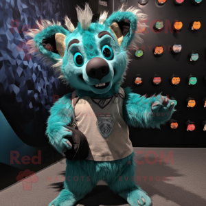 Turquoise Hyena mascot costume character dressed with a Henley Tee and Clutch bags