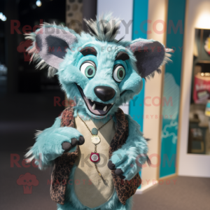 Turquoise Hyena mascot costume character dressed with a Henley Tee and Clutch bags