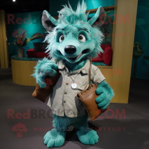 Turquoise Hyena mascot costume character dressed with a Henley Tee and Clutch bags