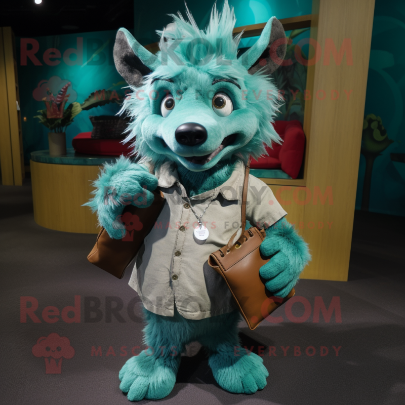 Turquoise Hyena mascot costume character dressed with a Henley Tee and Clutch bags Turquoise Hyena mascot costume character dressed with a Henley Tee and Clutch bags