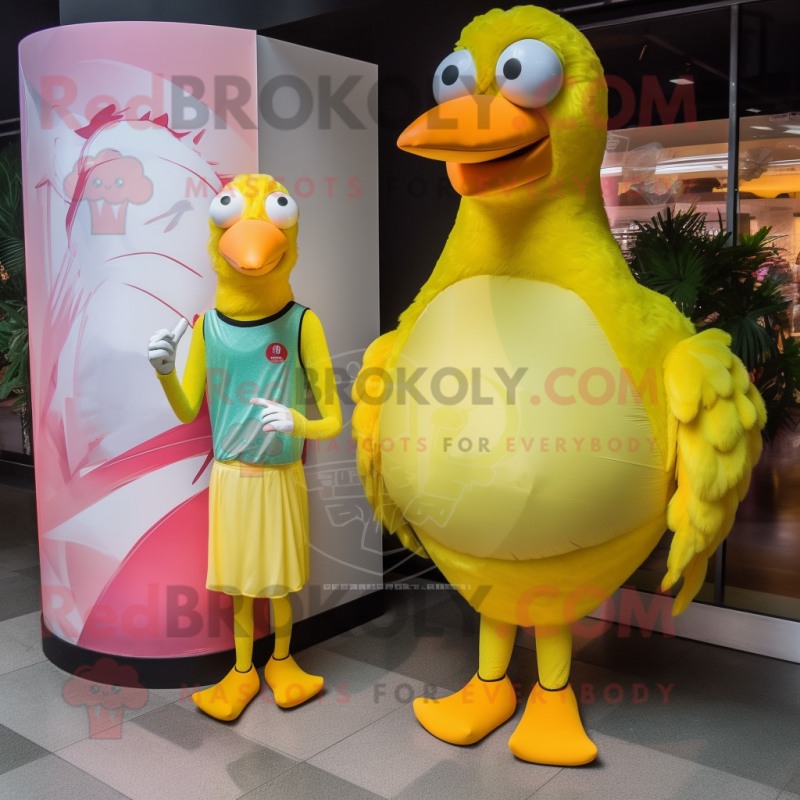 Lemon Yellow Flamingo mascot costume character dressed with a Tank Top and Pocket squares