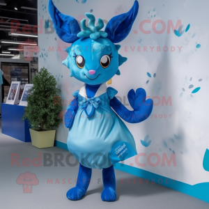 Blue Deer mascot costume character dressed with a Dress and Hairpins