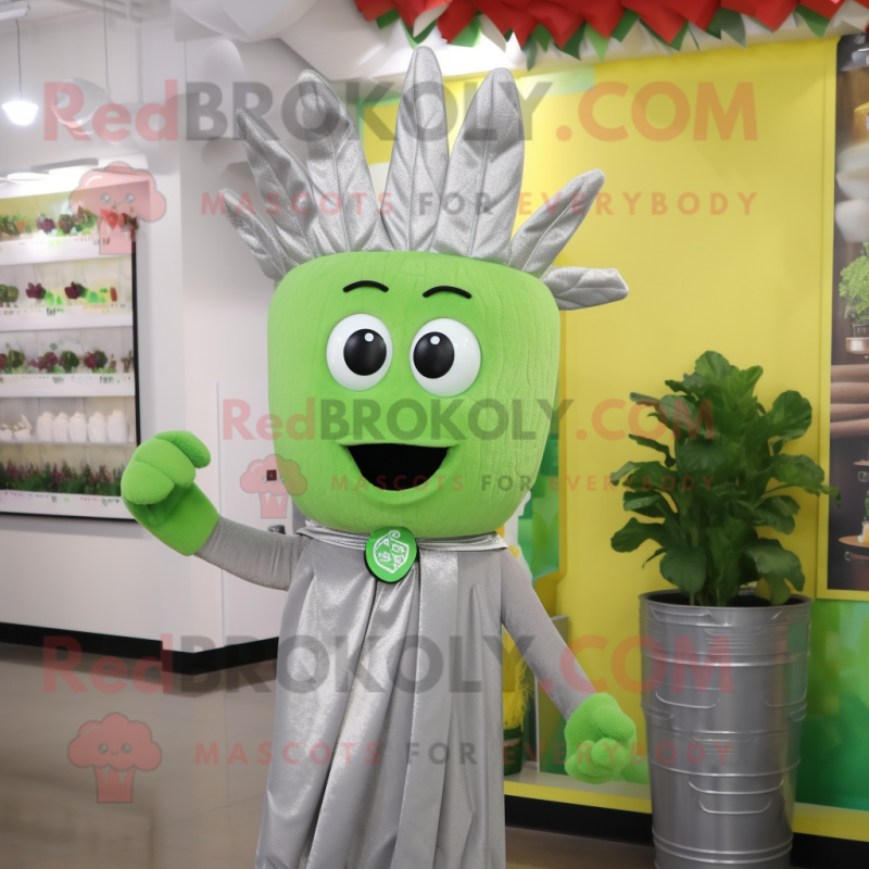 Silver Celery mascot costume character dressed with a Graphic Tee and Brooches