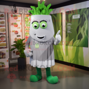 Silver Celery mascot costume character dressed with a Graphic Tee and Brooches