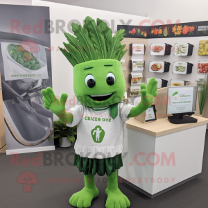 Silver Celery mascot costume character dressed with a Graphic Tee and Brooches