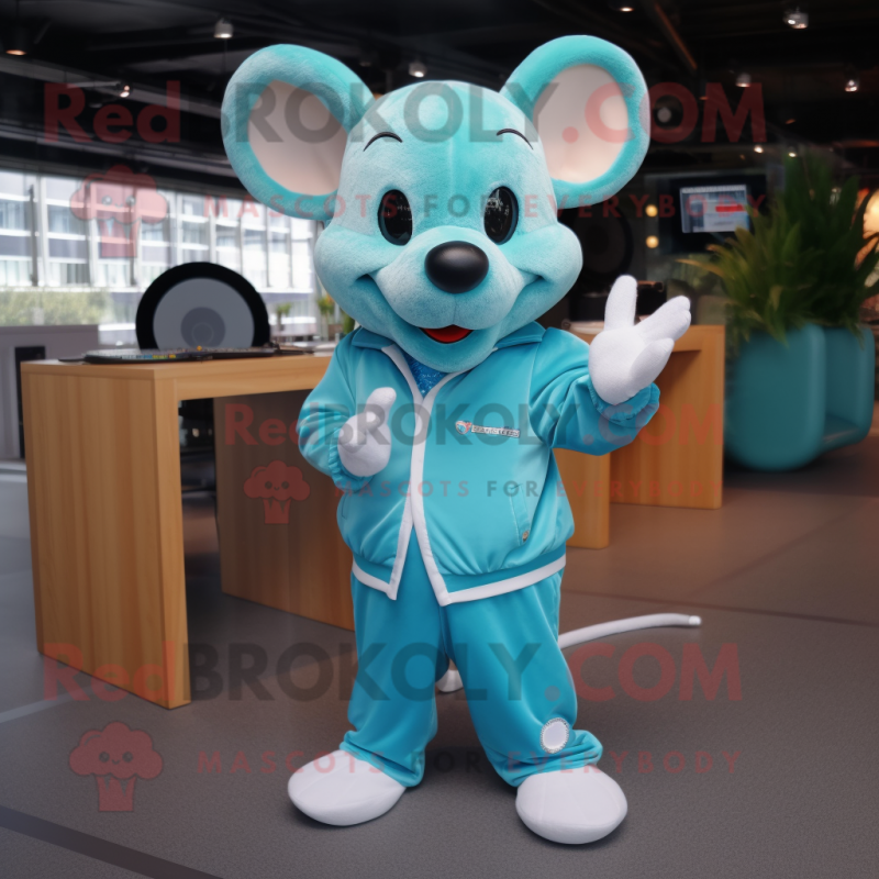 Cyan Mouse mascot costume character dressed with a Jumpsuit and Lapel pins Cyan Mouse mascot costume character dressed with a Jumpsuit and Lapel pins