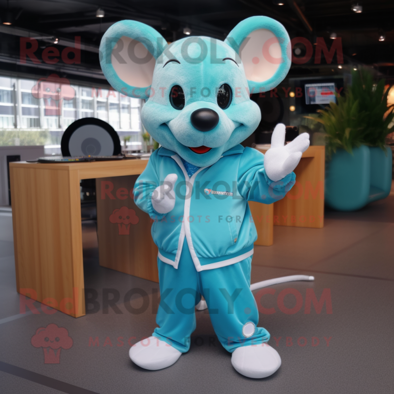 Cyan Mouse mascot costume character dressed with a Jumpsuit and Lapel pins