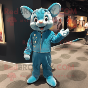 Cyan Mouse mascot costume character dressed with a Jumpsuit and Lapel pins