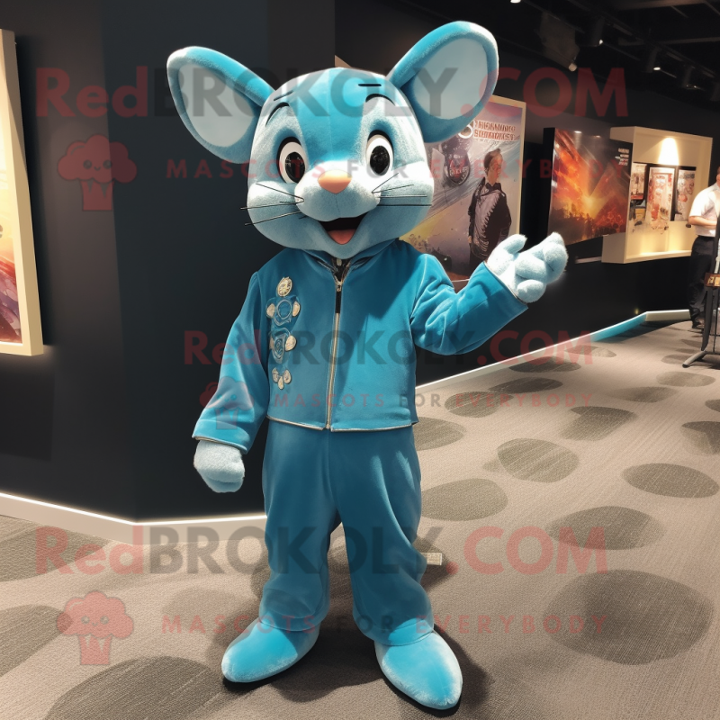 Cyan Mouse mascot costume character dressed with a Jumpsuit and Lapel pins