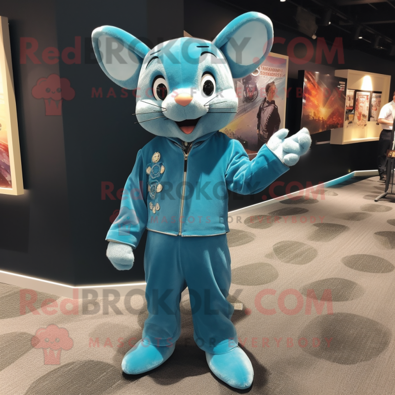 Cyan Mouse mascot costume character dressed with a Jumpsuit and Lapel pins Cyan Mouse mascot costume character dressed with a Jumpsuit and Lapel pins