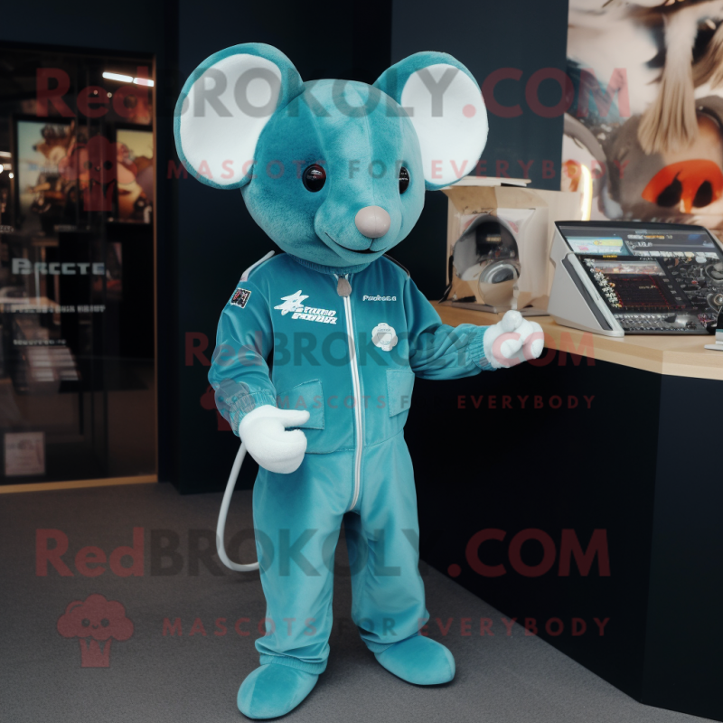 Cyan Mouse mascot costume character dressed with a Jumpsuit and Lapel pins