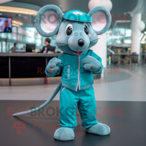 Cyan Mouse mascot costume character dressed with a Jumpsuit and Lapel pins