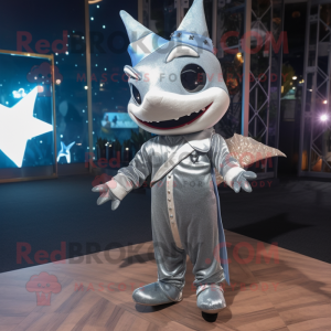 Silver Swordfish mascot costume character dressed with a Evening Gown and Mittens