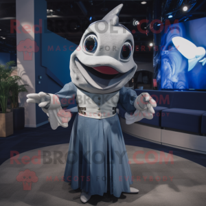 Silver Swordfish mascot costume character dressed with a Evening Gown and Mittens