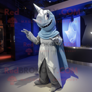 Silver Swordfish mascot costume character dressed with a Evening Gown and Mittens