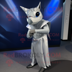 Silver Swordfish mascot costume character dressed with a Evening Gown and Mittens