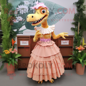 Peach Spinosaurus mascot costume character dressed with a Maxi Skirt and Coin purses