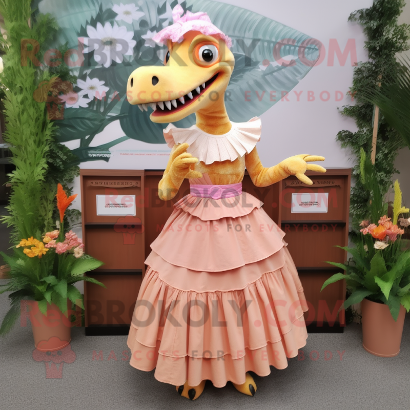 Peach Spinosaurus mascot costume character dressed with a Maxi Skirt and Coin purses