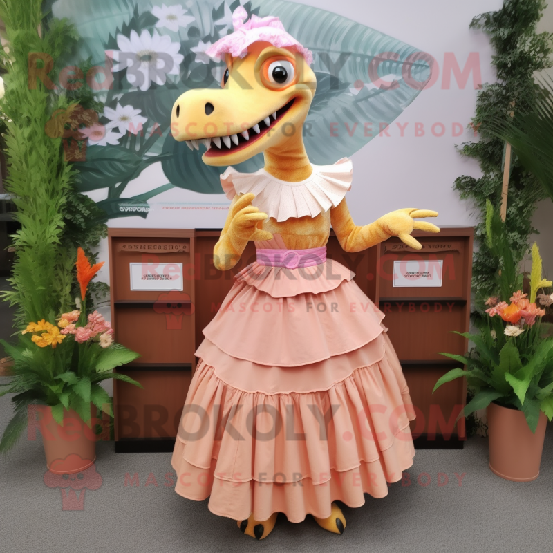 Peach Spinosaurus mascot costume character dressed with a Maxi Skirt and Coin purses Peach Spinosaurus mascot costume character dressed with a Maxi Skirt and Coin purses