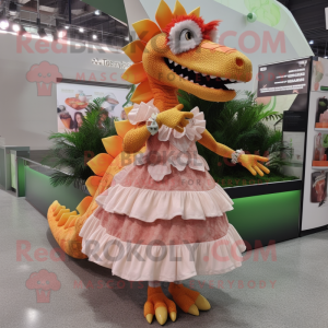 Peach Spinosaurus mascot costume character dressed with a Maxi Skirt and Coin purses