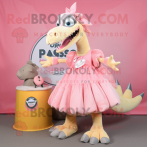 Peach Spinosaurus mascot costume character dressed with a Maxi Skirt and Coin purses