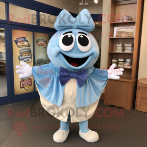 Blue Clam Chowder mascot costume character dressed with a Cardigan and Bow ties