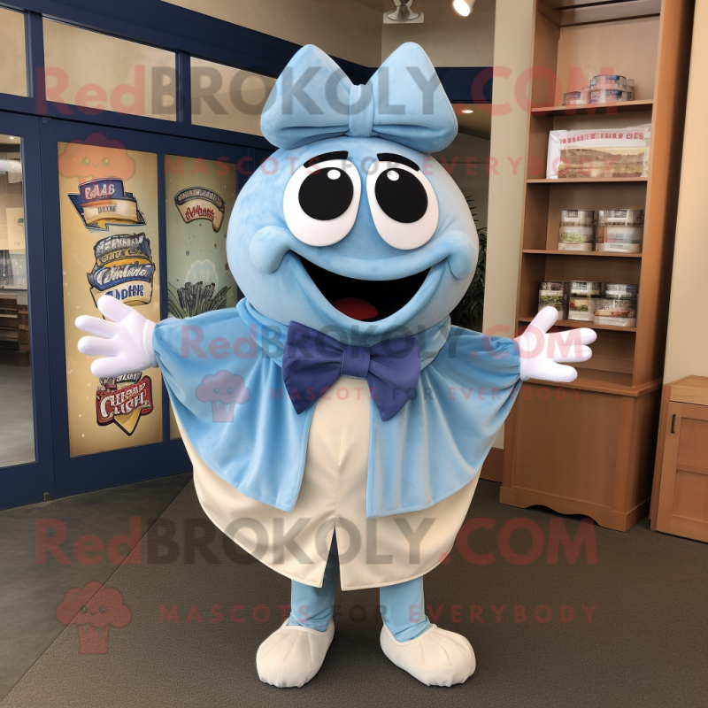 Blue Clam Chowder mascot costume character dressed with a Cardigan and Bow ties Blue Clam Chowder mascot costume character dressed with a Cardigan and Bow ties
