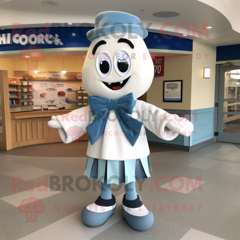 Blue Clam Chowder mascot costume character dressed with a Cardigan and Bow ties Blue Clam Chowder mascot costume character dressed with a Cardigan and Bow ties