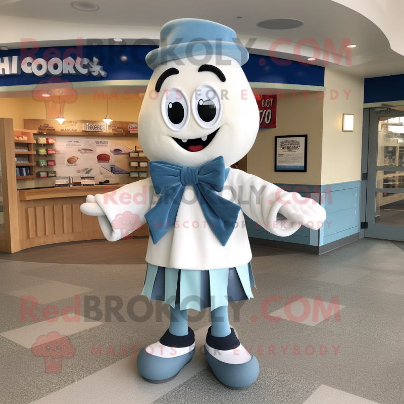 Blue Clam Chowder mascot costume character dressed with a Cardigan and Bow ties