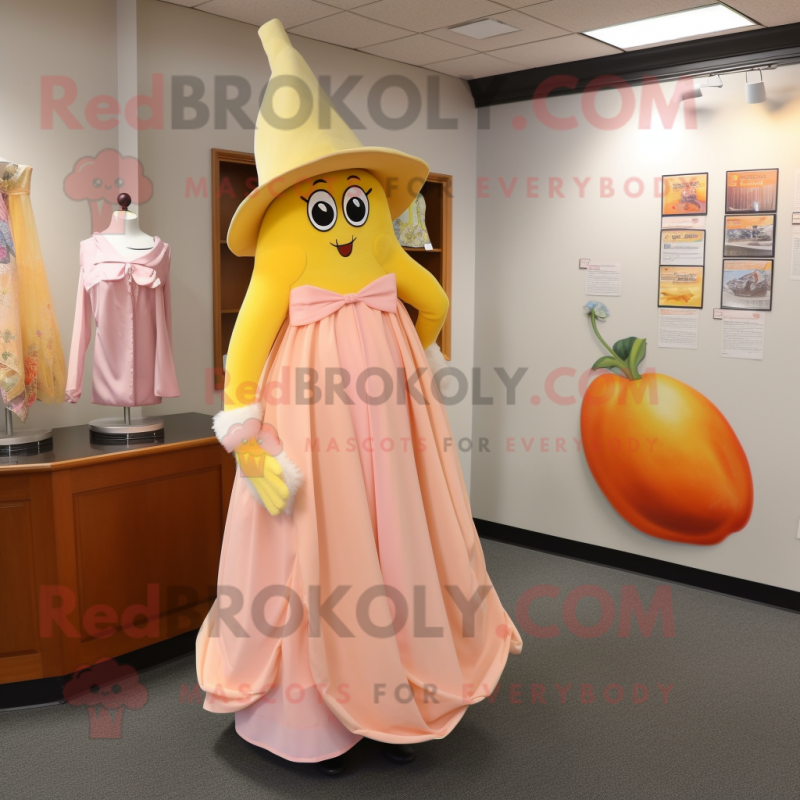 Peach Banana mascot costume character dressed with a Empire Waist Dress and Shoe clips Peach Banana mascot costume character dressed with a Empire Waist Dress and Shoe clips