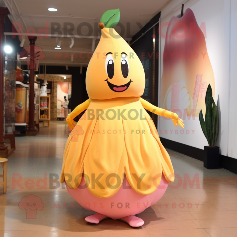 Peach Banana mascot costume character dressed with a Empire Waist Dress and Shoe clips