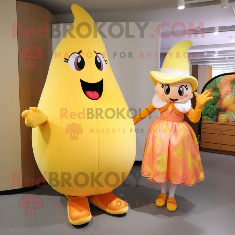 Peach Banana mascot costume character dressed with a Empire Waist Dress and Shoe clips Peach Banana mascot costume character dressed with a Empire Waist Dress and Shoe clips