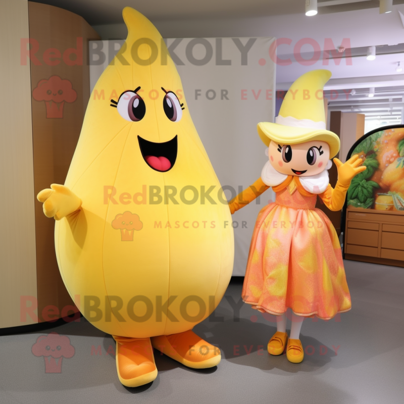 Peach Banana mascot costume character dressed with a Empire Waist Dress and Shoe clips