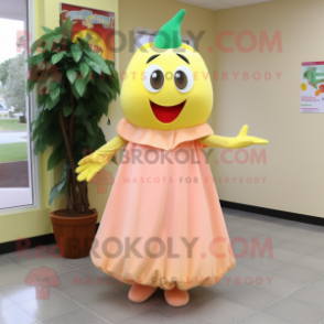 Peach Banana mascot costume character dressed with a Empire Waist Dress and Shoe clips