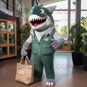 Forest Green Megalodon mascot costume character dressed with a Romper and Tote bags