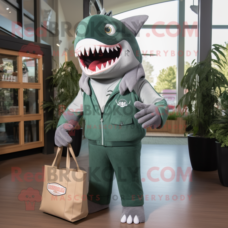 Forest Green Megalodon mascot costume character dressed with a Romper and Tote bags Forest Green Megalodon mascot costume character dressed with a Romper and Tote bags