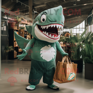 Forest Green Megalodon mascot costume character dressed with a Romper and Tote bags