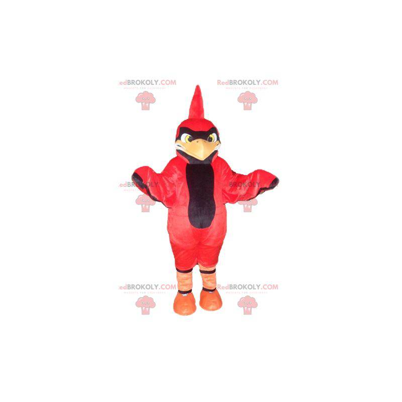 Czerwony i czarny ptak maskotka z herbem na głowie -