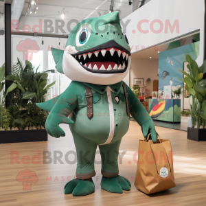 Forest Green Megalodon mascot costume character dressed with a Romper and Tote bags